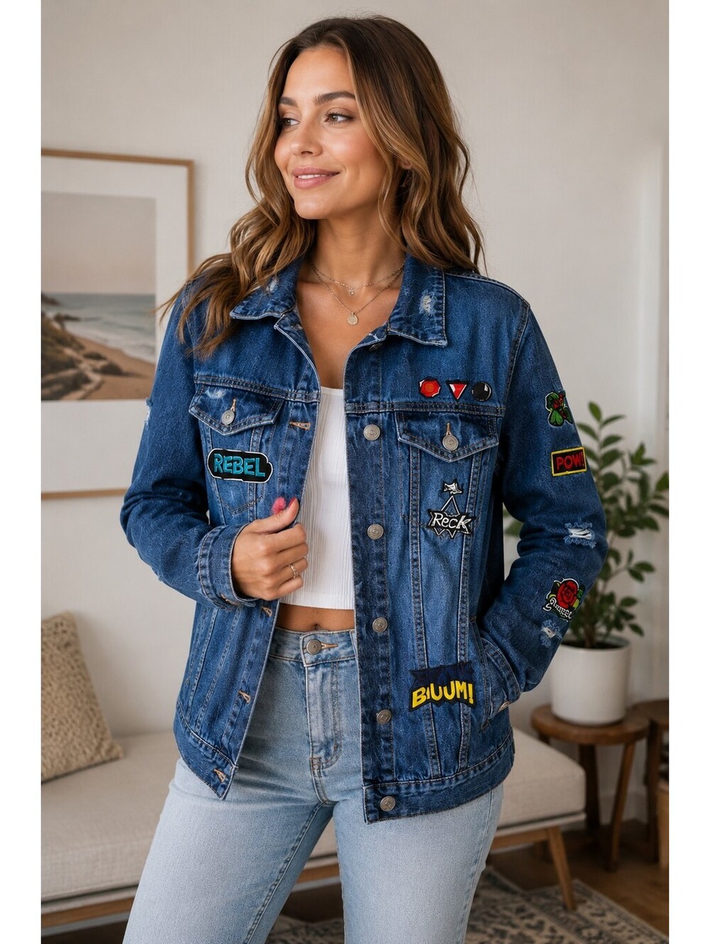 Rebel Star Distressed Denim Jacket | Gamer Patch Embroidered Jean Jacket